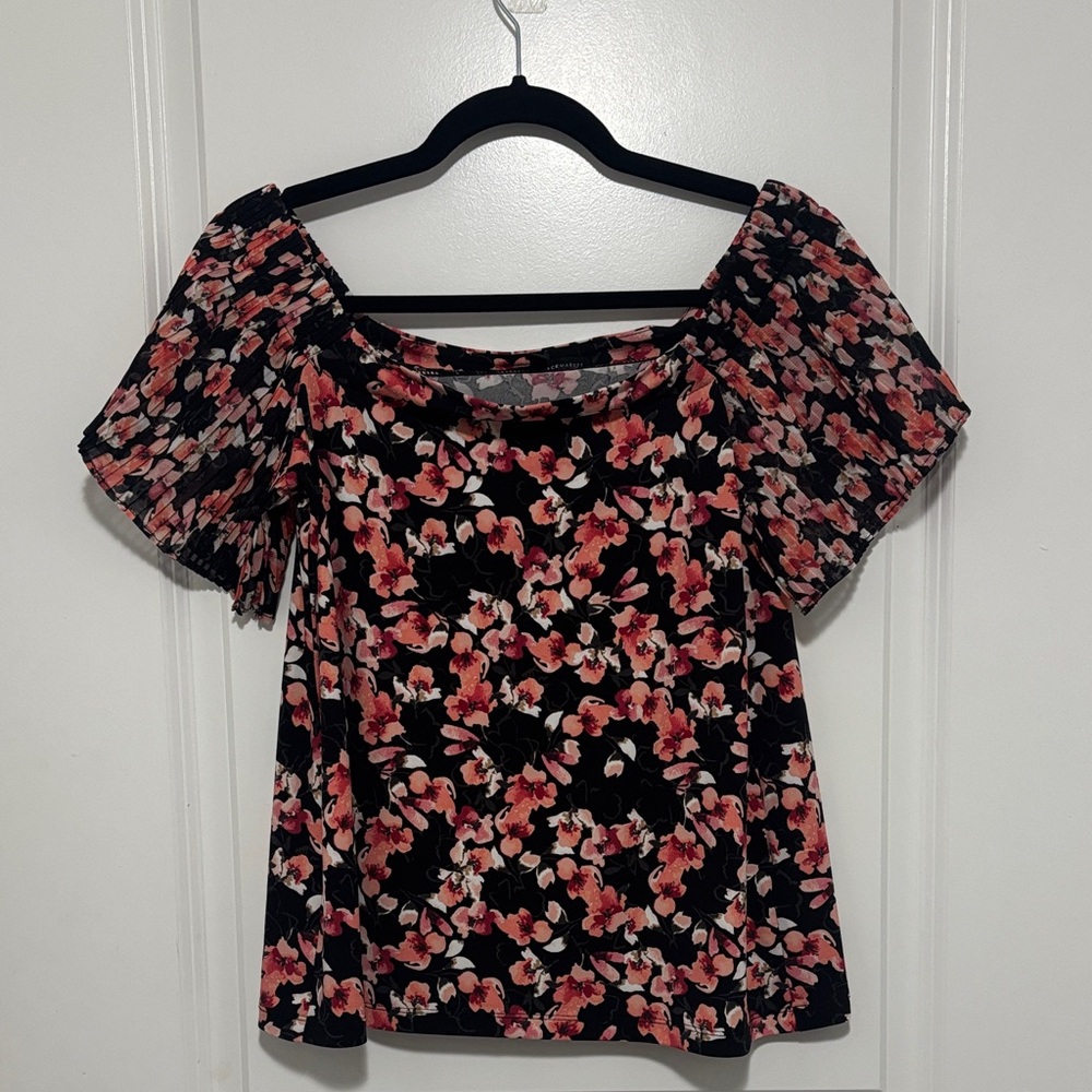 White House Black Market Black Floral Off-Shoulder Top with Pink Print